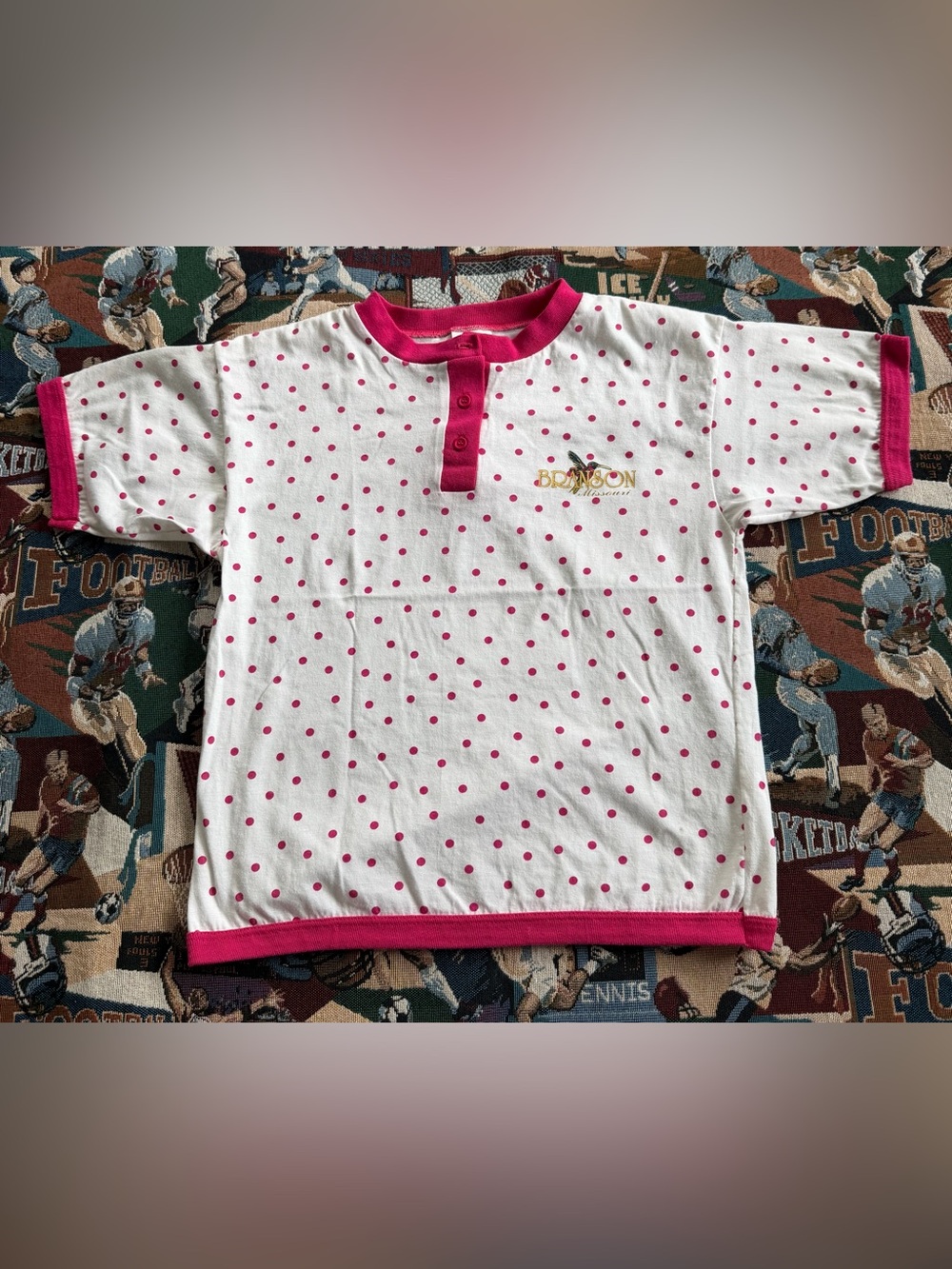 Vintage 90s Women’s Chesterfield Branson Missouri White & Pink Polka Dot Shirt